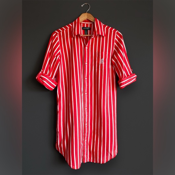 LRL Lauren Ralph Lauren Red Striped Shirt Mini Dress Preppy Travel Equestrian S - Picture 3 of 9